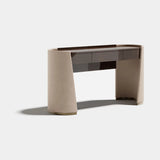 Colosseum Flip Top Mirror Luxury Console Table: taupe quilted genuine leather sides (Cat B Quilted) with a matt dark wood top