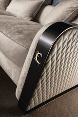 Diamond Stitched Luxury Italian Sofa, bronze arm and diamond stitching detail