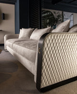 Diamond Stitched Luxury Italian Sofa, quilted leather side and bronze frame