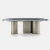 Ditre Italia Arcade Dining Table, oval table with smoked glass top and pewter base, front view