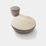 Ditre Italia Deck Coffee Table, round coffee table with travertine top and a small round table, front view