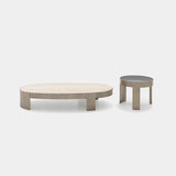 Ditre Italia Mekki Coffee Table, oval coffee table in travertine and side table in smoked glass, front view
