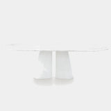 Ditre Italia Pillar Dining Table, carrara white marble top with gypsum white cement base, front view