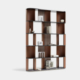 Drury Curved Leather Luxury Bookcase: matt walnut veneer with curved dark leather sides and an Emperador marble base