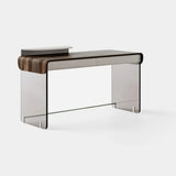 Edison Glass Base Luxury Writing Desk: matt dark wood top with a glass base and left side shelf