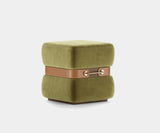 Ellington Deco Stool: Retro Chic with a Modern Edge. This luxurious walnut wood stool features a polished brass base and a statement-making synthetic leather belt, perfect for adding a touch of retro flair to your modern living space.