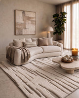 Hand-Knotted Drift Pattern Wool Rug, shown in a room setting