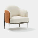 Harlow Floating Frame Luxury Armchair: tan leather outer shell with ivory fabric seat and back (Cat B), black legs with metal tips