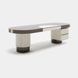 Hartley Quilted Leg Luxury Desk: gloss dark wood top with channel-stitched ivory genuine leather bases (Cat B)