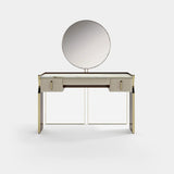 Lennox Leather Drawer Luxury Console Table: ivory genuine leather drawer fronts (Cat B) with a matt taupe frame, shown with the round mirror (available on request)