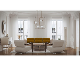Lumière: Mid-Century Modern Floor Lamp in White Metal & Gold Interior. The Lumière floor lamp by Mezzo Collection embodies minimalist luxury with a mid-century modern twist. This captivating design features a sleek white metal body with a stunning gold-plated interior, casting a warm and inviting glow in any modern reading nook or living space.