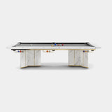Luxxu Algerone Snooker Table in polished brass, Statuario marble, black matte lacquer, Laguna Black natural leather and Strachan Grey playing cloth