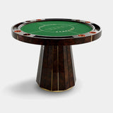Luxxu Algerone Poker Table in polished brass, grey frisé eucalyptus veneer, black matte lacquer and Strachan Green playing cloth
