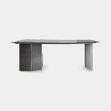 Luxxu Algerone Desk in polished brass, grey frisé eucalyptus veneer, dusty grey matte lacquer, smoked glass and Storm FR 04 Light Gray synthetic leather