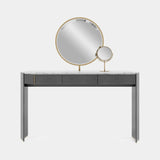 Luxxu Algerone Dressing Table in polished brass, Statuario marble, grey frisé eucalyptus veneer, black matte lacquer and clear mirror