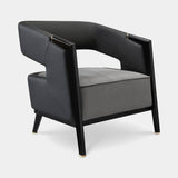 Luxxu Galea Armchair in polished brass, black dyed oak, black glossy lacquer and Plaza Taupe velvet