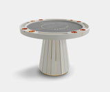 Premium poker table designed for high-end interiors, featuring walnut root wood, brass details, and velvet upholstery.
