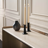 Creme Travertine Console Table with Bronze Accents, styled detail