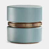Mezzo Collection Moris Stool, Panaz Zest 219 Seafoam fabric, synthetic leather, matte walnut, polished brass, available from Touched Interiors UK