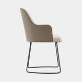 Domkapa Anna Sled Dining Chair with Armrests, view 2, in light beige fabric on a Black Texturized sled