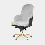 Luxxu Charla Office Chair in polished brass, black glossy lacquer, Storm FR 11 Polar Gray synthetic leather and Laguna Black natural leather