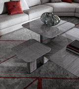 Giorgio Collection Moonlight Triple Coffee Table in high gloss curly eucalyptus and satin grey nickel, room setting 2