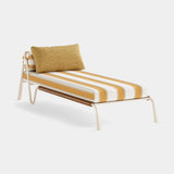 Mezzo Collection Bela Outdoor Lounge Chair, Nobilis Beach Club fabric, painted metal frame, iroko wood, gold plated brass, available from Touched Interiors UK