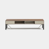 Rocco Carved Front Luxury TV Unit: matt walnut veneer with a carved front and metal legs