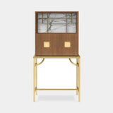 Sezione Brass Stand Luxury Tall Cabinet shown in oak with Calacatta Gold marble