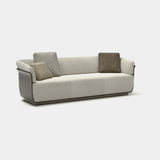 Synergy Wooden Shell Luxury Sofa: matt dark wood shell with light grey fabric inside (Cat B), shown as the 3 seater