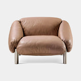 Trentini Leather Strap Luxury Armchair in taupe leather with satin platinum legs