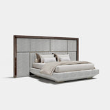 Valentina Framed Headboard Luxury Bed: grey fabric panels (Cat B) in a gloss dark wood frame