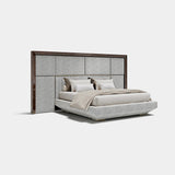 Valentina Framed Headboard Luxury Bed: grey fabric panels (Cat B) in a gloss dark wood frame