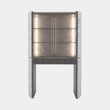 Luxxu Algerone Bar Cabinet in polished brass, Statuario marble, grey frisé eucalyptus veneer, smoked glass and Storm FR 04 Light Gray synthetic leather