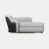 Luxxu Charla Chaise Longue in polished brass, black glossy lacquer, Storm FR 11 Polar Gray synthetic leather and Laguna Black natural leather