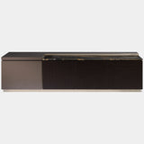 Visionnaire Barbican Low Unit: Modern luxury low unit featuring a Port Laurent marble top, textured canneté motif doors, and sleek gold metal details.