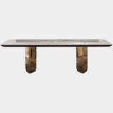 Visionnaire's Galitsin Dining Table: A fusion of art and dining. This Art Deco masterpiece features a polished stainless steel and copper infused marble top with a hand-crafted artistic insert, creating a luxurious centrepiece for your dining space.