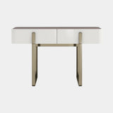 Lacquered Almari Dressing Table: matt white lacquer with polished brass legs