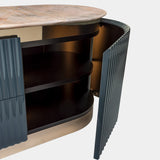 Hand-Carved Details on Modern Dresser: The Visionnaire Leonardo Dresser boasts exquisitely hand-carved canneté motifs on the doors, showcasing Italian craftsmanship and meticulous attention to detail.