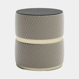 Luxury Upholstered Amaris Bedside Table: grey diamond-quilted faux leather (Cat A) with Nero Marquinia marble top, polished brass band