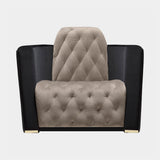 Luxxu Navis Armchair in polished brass, Taupe Grey velvet and Laguna Black natural leather
