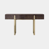 Polished Brass Saraya Console Table: matt smoked oak with polished brass legs