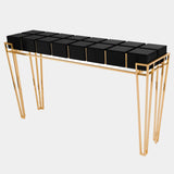 Polished Brass, Black Glass, Black Lacquer & Walnut Root Veneer Console Table