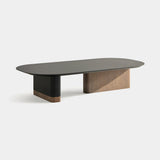 Coleccion Alexandra Native Coffee Table in latte finish with leather 28 and bush hammered white porcelain