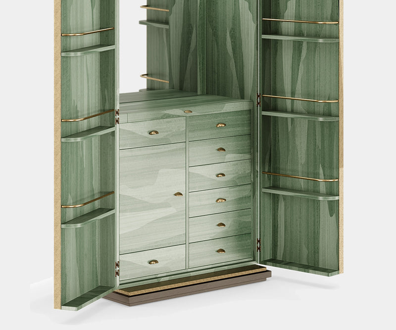 Enigma: Captivating Display Cabinet with Aged Brass Details and Eucalyptus Veneer.