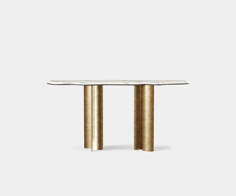 Amalgam Console Table: Modern Masterpiece in Aged Brass with Carrara Marble Top. 