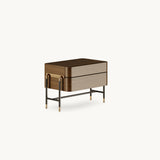Mezzo Collection Bennett Nightstand, matte walnut, black lacquered metal, polished brass, available from Touched Interiors UK