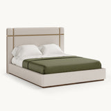 Mezzo Collection Gaye Bed, Nobilis Frimas fabric, matte walnut frame, polished brass, available from Touched Interiors UK