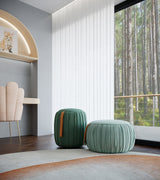 Jetclass Draper Pouf, tall and low, styled by a window