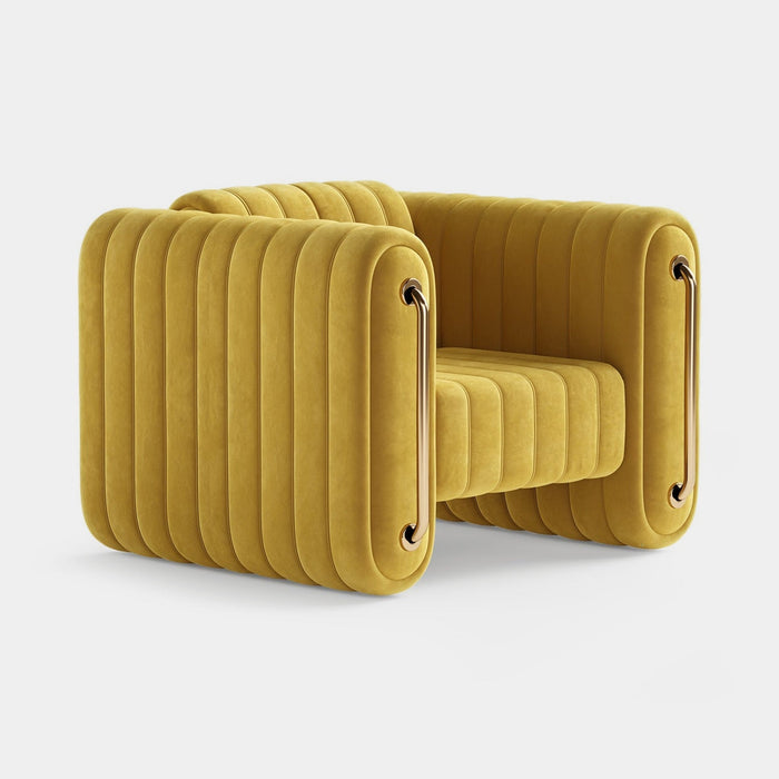 Mezzo Collection Jim Armchair, Alhambra Jimena 15 fabric, polished brass, available from Touched Interiors UK